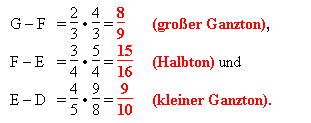 Textfeld: G  F 	= 23  43 = 89 	(groer Ganzton),
F  E 	= 34  54 = 1516 	(Halbton) und
E  D 	= 45  98 = 910 	(kleiner Ganzton).
